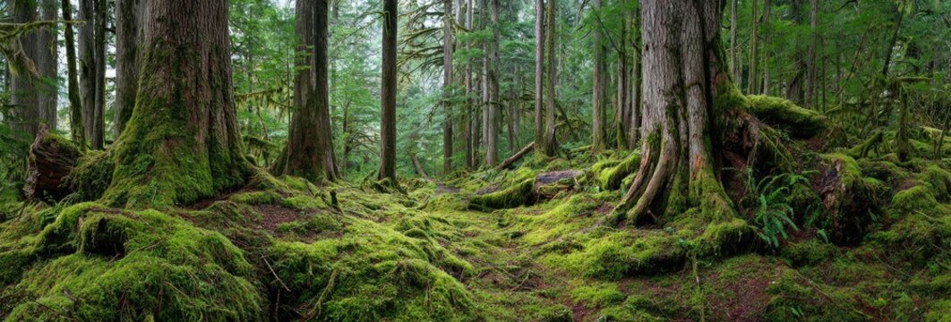 Lush temperate rainforest floor carpeted with vibrant green moss, ancient trees