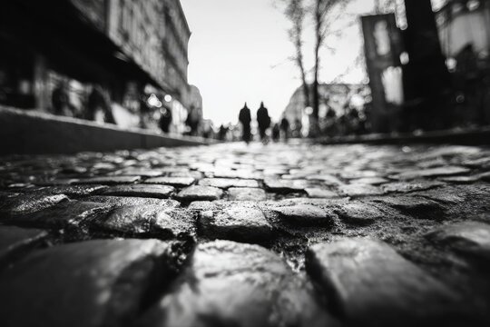 Low-angle view of cobblestone street with blurred figures walking away