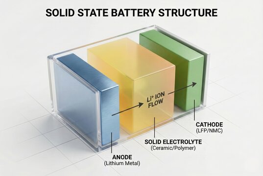 Educational solid state battery structure diagram displaying anode cathode and electrolyte layers