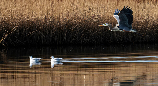 Great Blue Heron flying over water with two seagulls swimming bird