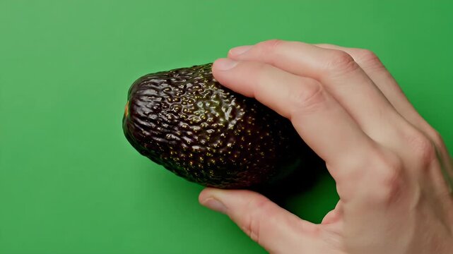 Close Up Hand Gently Touching Ripe Avocado Fruit with Textured Dark Green Skin Against a Vibrant Green Background