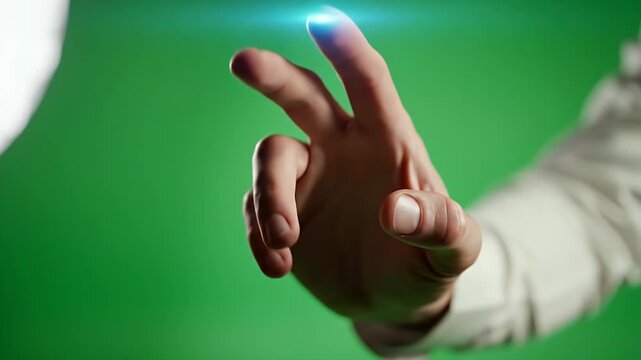 Close up Hand Gestures Pointing Forward with Blue Light Effect on Green Screen Background