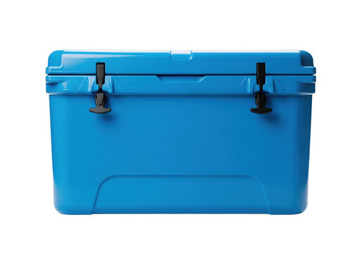 Vibrant azure blue roto-molded cooler chest, sleek modern design with matte black latches, perfectly centered against a transparent background, high-key studio product advertisement concept for