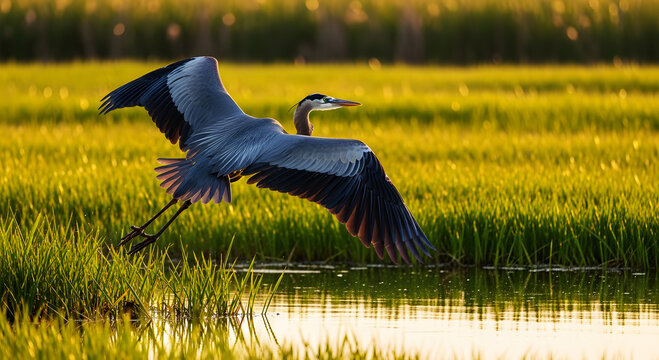 Great Blue Heron in flight over a golden marsh at sunset bird flying