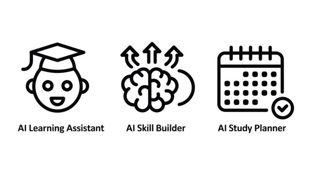 AI-powered education tools icon set, AI learning assistant, AI skill builder, AI study planner, vector illustration, future learning, smart education, personalized learning, edtech and automation .