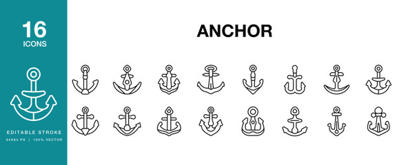 Anchor icon set. Includes anchor, ship, maritime, nautical, sea, ocean and More. Editable Stroke Icon Collection. © SpaceFabric