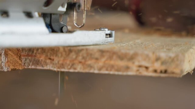 Closeup of jigsaw cutting chipboard panel, blade slicing through particleboard with flying sawdust, deliberate motion and power tool control capturing workshop energy and material separation.