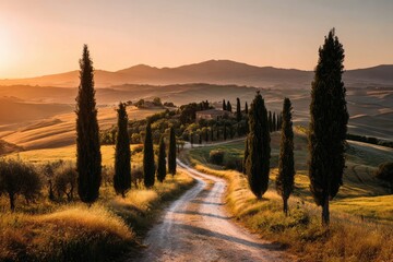 Fototapeta premium Winding rural road through rolling hills, lined with cypress trees at sunset