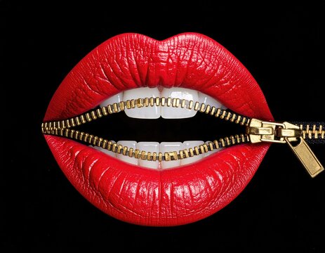 Red lips zippered shut against black