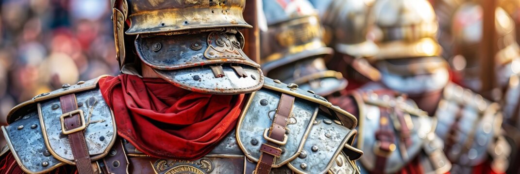 Dramatic roman centurion before crucified jesus at sunset in ancient armor on rugged hillside