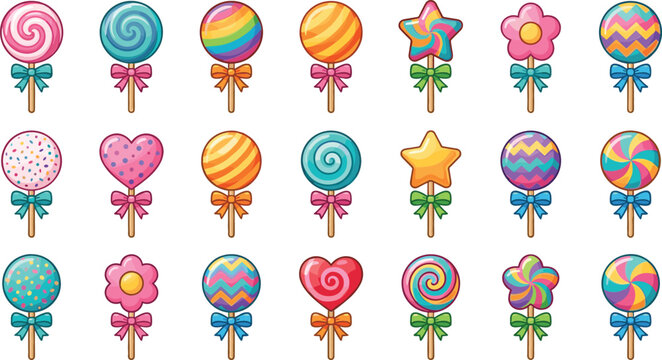 Colorful lollipop candy collection with swirl, heart, star and flower shapes, vibrant sweet treats set with bows, cute dessert icons for kids party, packaging and festive designs