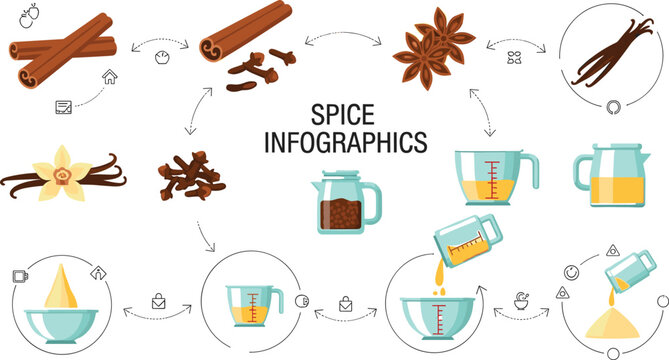 Spice preparation infographic set with cinnamon cloves vanilla and cooking process steps in modern flat design isolated on white background