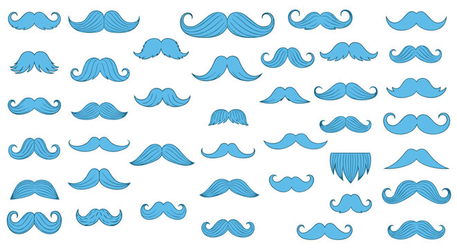 Extensive collection of various stylized blue mustache and beard shapes for men isolated on a white background.