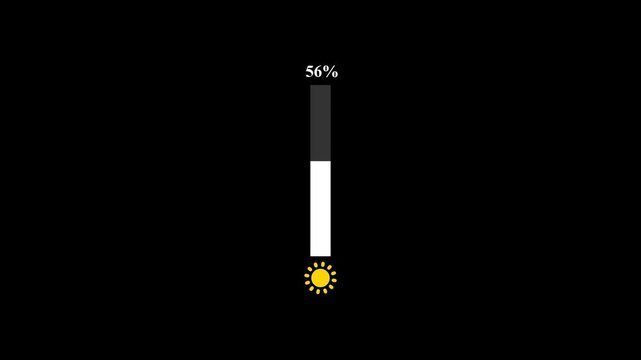 Brightness level 0% and 100% icon sign adjustment animation on a transparent background, brightness slider control level animated.