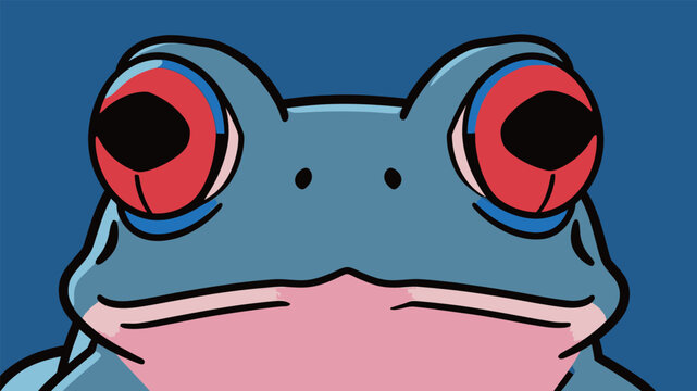 Red-eyed tree frog with blue background looks directly at the viewer in a simple cartoon style