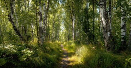 Fototapeta premium Sunlit path through a vibrant green forest with tall birch trees