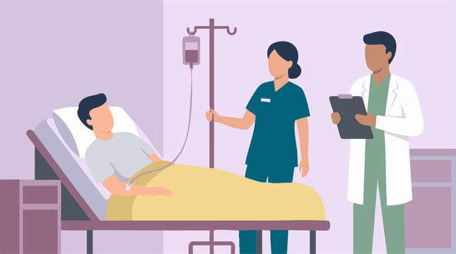 Doctor and nurse caring for a patient in a hospital bed with an IV drip.