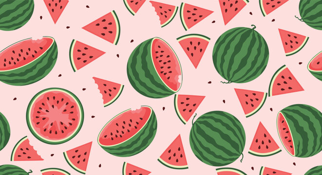Vibrant seamless pattern featuring whole watermelons and slices with bite marks on a soft pink background for the summer.