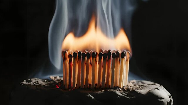 Rising matchsticks burst into fierce vertical flames and billowing smoke on dark rock surface, symbolizing mental distress, depression, anxiety, addiction, hopelessness