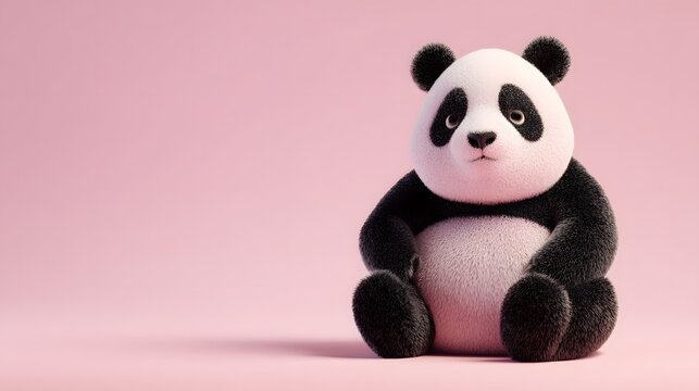 Cute 3D Animated Panda Cub Sitting Peacefully on Pink Background