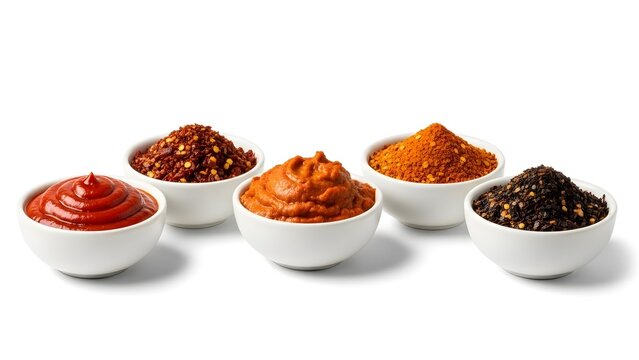 Assortment of spicy paste and sauces in small white bowls