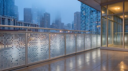 Fototapeta premium Modern balcony overlooking city buildings in the fog