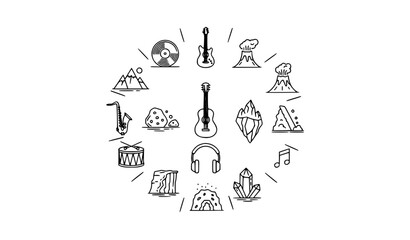 Fototapeta premium Modern rock line icon collection with guitar volcano mountain and music nature elements