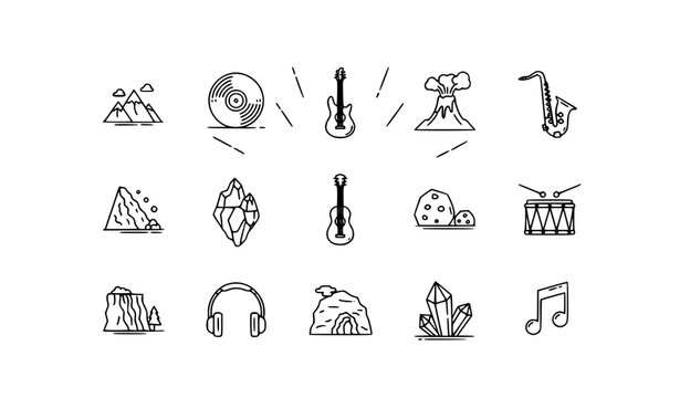 Rock music and nature outline icon collection with guitar volcano mountain and record symbols