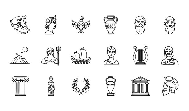 Ancient Greek outline icon collection with mythology gods philosophers and cultural symbols for web UI