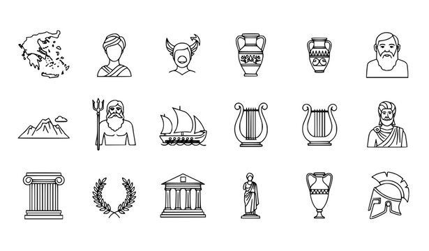 Greek mythology and history outline icon set with gods philosophers temple and ancient symbols for UI design