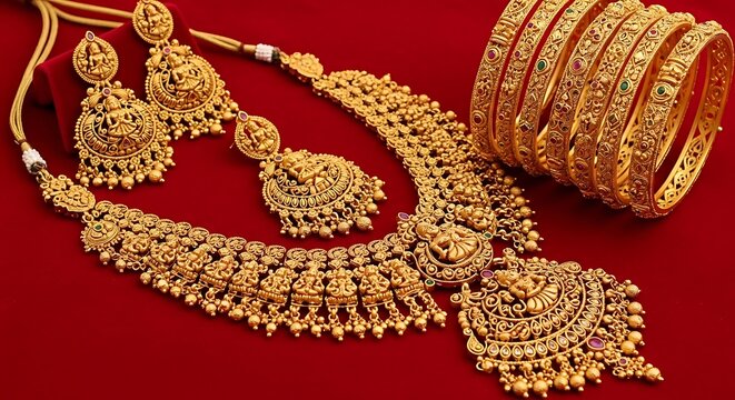 Traditional gold jewelry set with ornate necklace and matching earrings displayed on red background