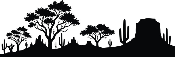 Desert landscape silhouette vector illustration with cactus, trees and mountains, panoramic nature scenery, arid environment concept, isolated black design © Vexora Studio