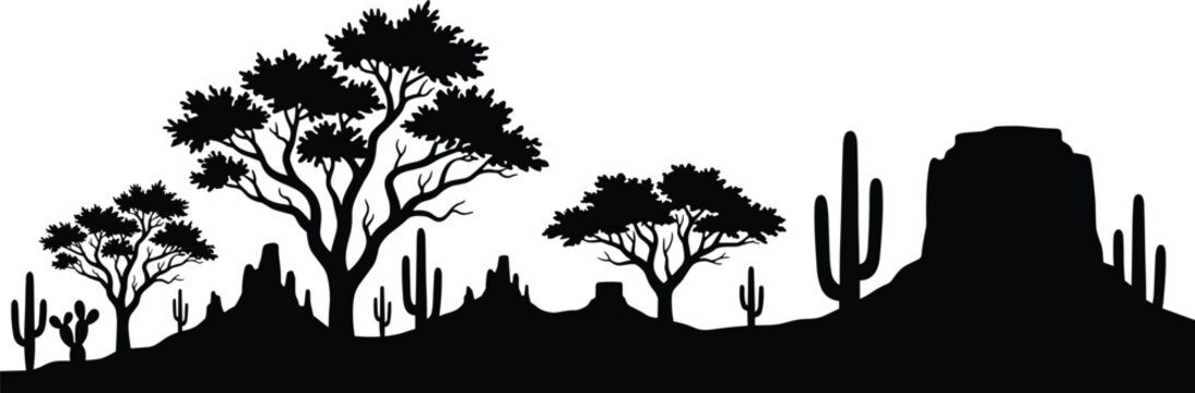 Desert landscape silhouette vector illustration with cactus, trees and mountains, panoramic nature scenery, arid environment concept, isolated black design