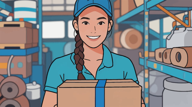 Woman holding a box in a warehouse during work hours while smiling at the camera