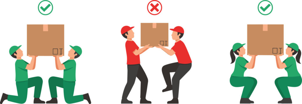 Proper lifting technique vector illustration showing correct and incorrect box handling, workplace safety training concept, manual handling posture guide design