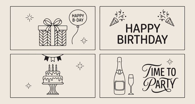 Birthday celebration greeting cards, Happy birthday party invitation set, Gift boxes and festive balloons, Champagne celebration event graphics, Party planning decorative elements, Anniversary and hol