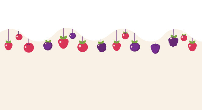 Decorative garland of hanging summer berries including strawberries, cherries and blackberries against a wavy cream background.