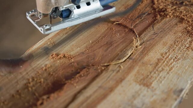 Closeup jigsaw cutting curved wood, carpentry shaping scene showing slow smooth cut, warm workshop light, visible wood grain, fine shavings and textured surface, handguided control and careful edging