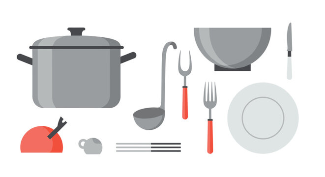 Set of gray and red kitchen utensils including a large pot, ladle, bowl, and plate isolated on a white background.