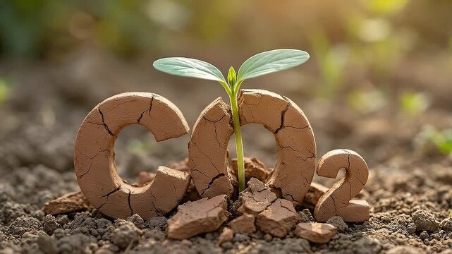 Co2 carbon dioxide seedling in cracked dry soil clay, climate change drought concept for sustainability environment eco ecology, growing green sprout between carbon letters symbolizing emission impact
