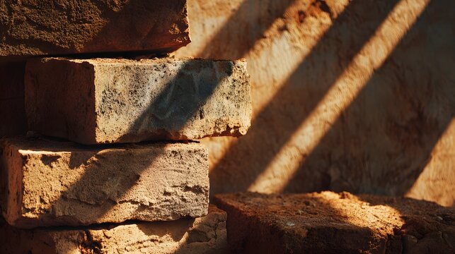 Close-up of stacked bricks with strong sunlight and shadow patterns.