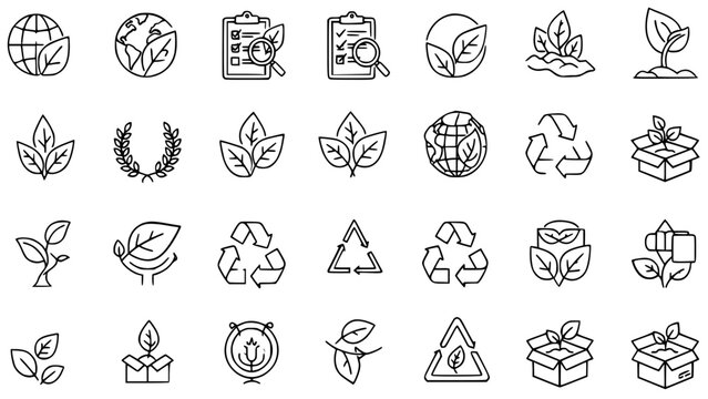 Set of various black outline vector icons recycling symbols, growing plants, ecological balance, nature care, and sustainable packaging designs for infographics.