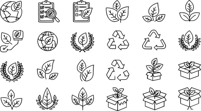 Set of twenty diverse black line art vector icons eco friendly leaves, global earth care, recycling symbols, quality assurance, and organic product packaging design elements.
