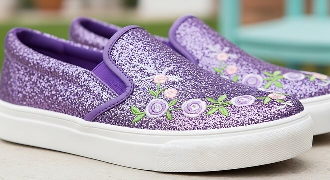 Shimmering purple glitter sneakers with floral embellishments on a child's shoe.