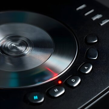 Close up of a cd player with buttons and a disc