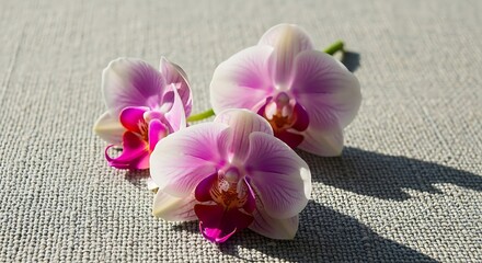 Fototapeta premium Elegant orchids blooming gently under natural sunlight on a soft fabric background