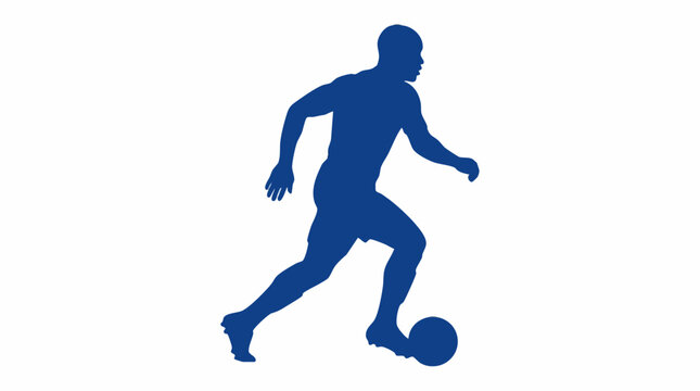Blue silhouette of a soccer player dribbling a ball on a white background