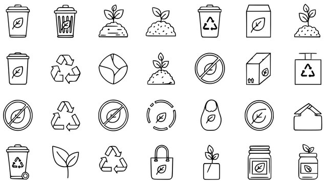 Eco Friendly Vector Icon Set Representing Sustainable Ecology Recycling Compost Bins Plant Growth Green Packaging Zero Waste Concepts And Environmental Responsibility