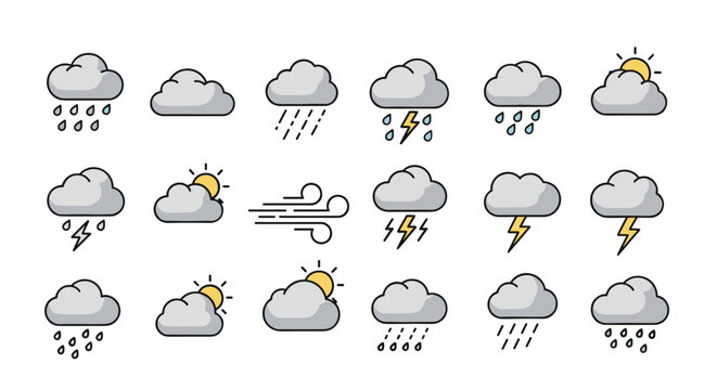 Comprehensive set of eighteen flat weather icons representing rain, sun, clouds, wind, and lightning in various combinations.