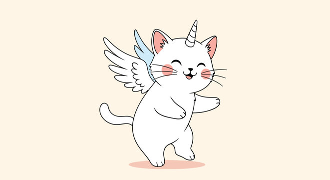 Imaginative illustration of a white cat character with a unicorn horn and blue angel wings dancing on a soft pink background.